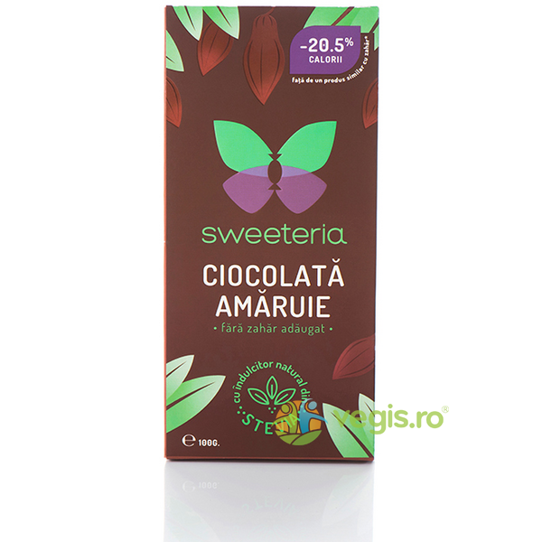 Ciocolata Amaruie cu Indulcitor Natural din Stevie 100g, SWEETERIA, Ciocolata, 1, Vegis.ro