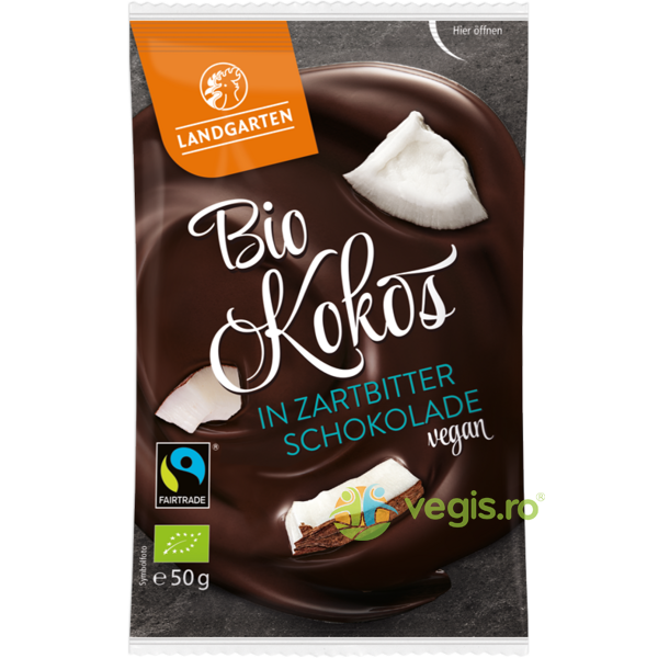 Cocos Invelit in Ciocolata Amaruie Fara Gluten Ecologic/Bio 50g, LANDGARTEN, Dulciuri sanatoase, 1, Vegis.ro