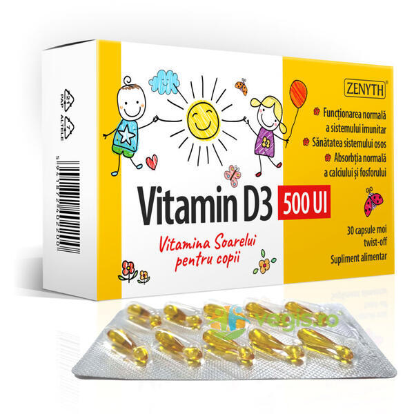 Vitamina D3 pentru Copii 500UI 30cps, ZENYTH PHARMA, Vitamine, Minerale & Multivitamine, 1, Vegis.ro