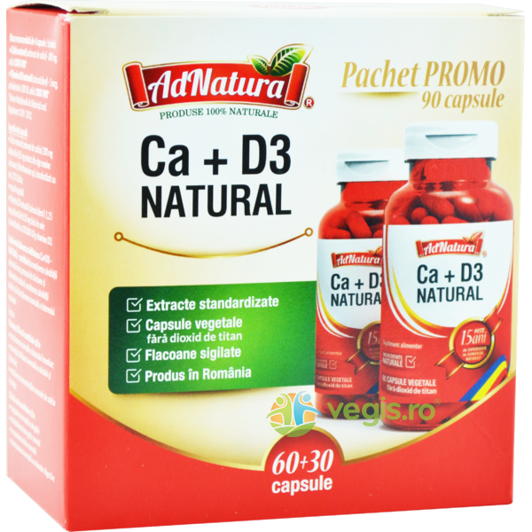 Pachet Ca+D3 Natural 60cps+30cps, ADNATURA, Pachete Suplimente, 1, Vegis.ro