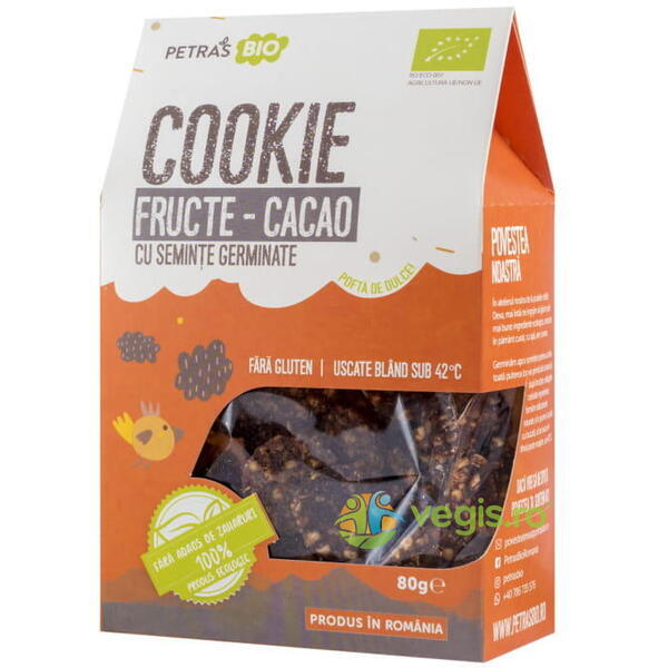Cookie (Prajiturele) Fructe si Cacao cu Seminte Germinate Eco/Bio 80g, PETRAS BIO, Dulciuri sanatoase, 1, Vegis.ro