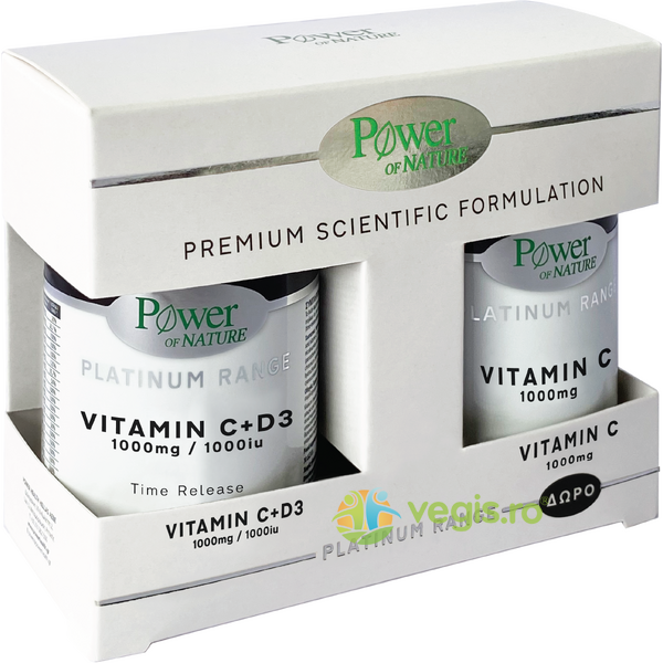 Pachet Vitamina C 1000mg & D3 1000iu Platinum 30tb + Vitamina C 1000mg Platinum 20tb, POWER OF NATURE, Vitamina C, 1, Vegis.ro