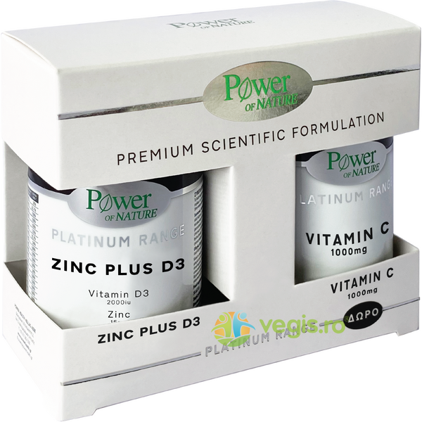 Pachet Zinc Plus D3 ( Zinc 15mg + Vitamina D3 2000IU) Platinum 30tb +  Vitamina C 1000mg Platinum 20tb, POWER OF NATURE, Vitamine, Minerale & Multivitamine, 1, Vegis.ro