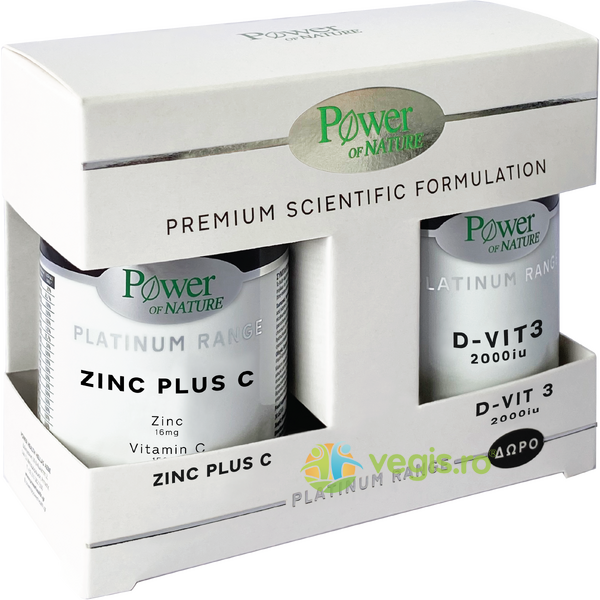Pachet Zinc Plus C (Zinc 16mg + Vitamina C 150mg) Platinum 30tb + Vitamina D3 2000IU Platinum 20tb, POWER OF NATURE, Capsule, Comprimate, 1, Vegis.ro