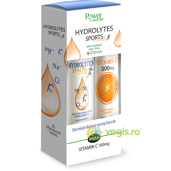 Pachet Hydrolytes Sports 20tb efervescente  +  Vitamina C 500mg 20tb efervescente, POWER OF NATURE, Capsule, Comprimate, 1, Vegis.ro