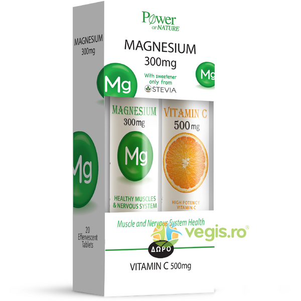 Pachet Magnesium 300mg 20tb efervescente + Vitamina C 500mg 20tb efervescente, POWER OF NATURE, Capsule, Comprimate, 1, Vegis.ro