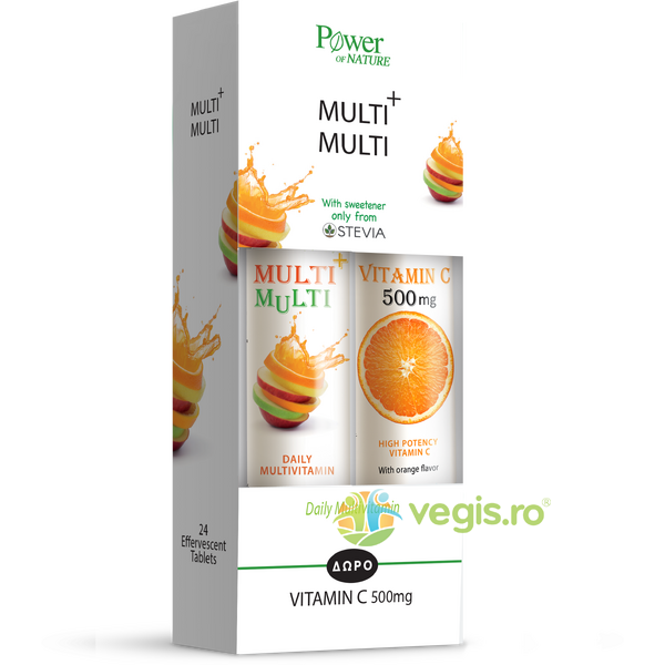 Pachet Multi + Multi 24tb efervescente + Vitamina C 500mg 20tb efervescente, POWER OF NATURE, Vitamine, Minerale & Multivitamine, 1, Vegis.ro