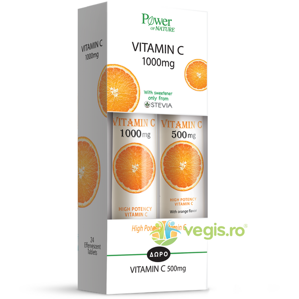 Pachet Vitamina C 1000mg 24tb efervescente + Vitamina C 500mg 20tb efervescente, POWER OF NATURE, Vitamina C, 1, Vegis.ro