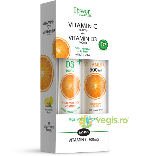 Pachet Vitamina C 1000mg + D3 1000iu 24tb efervescente + Vitamina C 500mg 20tb efervescente, POWER OF NATURE, Vitamine, Minerale & Multivitamine, 1, Vegis.ro