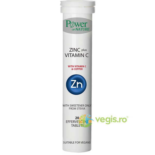 Zinc Plus Vitamina C 500mg si Cupru 20tb efervescente, POWER OF NATURE, Vitamine, Minerale & Multivitamine, 1, Vegis.ro