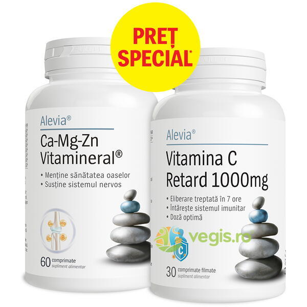 Pachet Ca-Mg-Zn Vitamineral 60cps + Vitamina C Retard 1000mg 30cps, ALEVIA, Capsule, Comprimate, 1, Vegis.ro