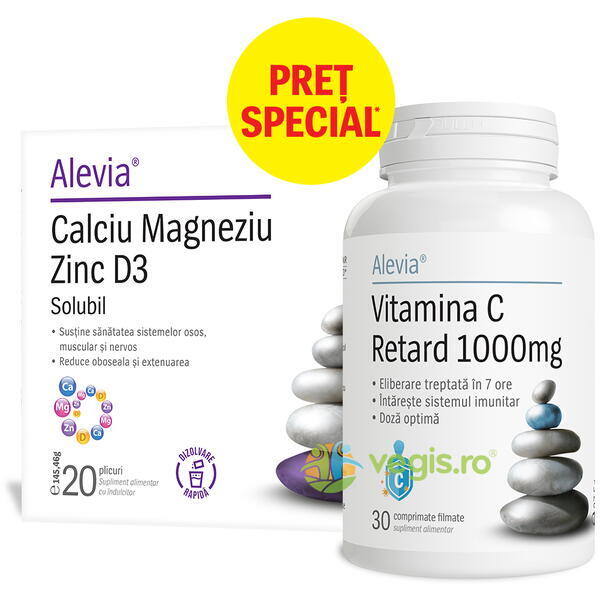 Pachet Calciu Magneziu Zinc D3 20dz + Vitamina C Retard 1000mg 30cps, ALEVIA, Pulberi & Pudre, 1, Vegis.ro