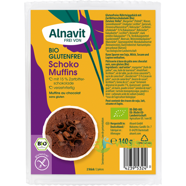 Briose cu Ciocolata fara Gluten Ecologice/Bio 140g, ALNAVIT, Dulciuri & Indulcitori Naturali, 1, Vegis.ro