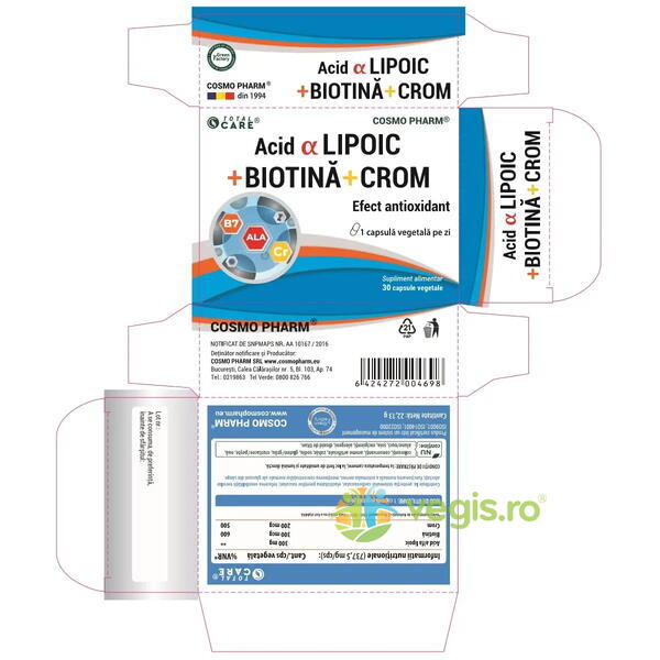 Acid Alfa Lipoic + Biotina + Crom 30cps, COSMOPHARM, Capsule, Comprimate, 3, Vegis.ro