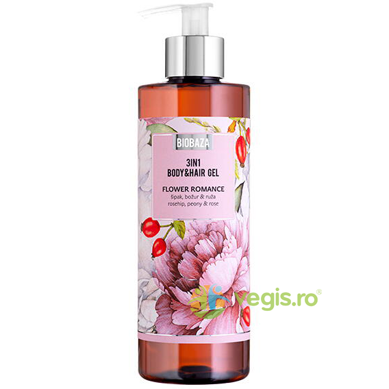 Sampon si Gel de Dus cu Parfum Natural de Trandafir si Extract de Bujor Flower Romance 400ml, BIOBAZA, Corp, 1, Vegis.ro