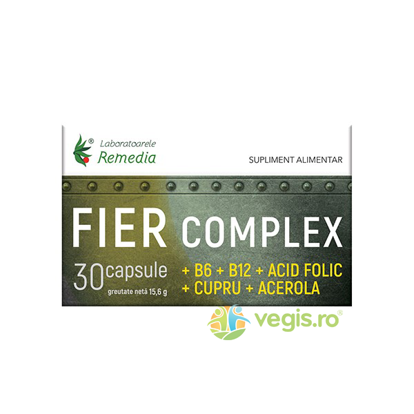 Fier Complex + B6 + B12+ Acid Folic + Cupru + Acerola 30cps, REMEDIA, Vitamine, Minerale & Multivitamine, 1, Vegis.ro