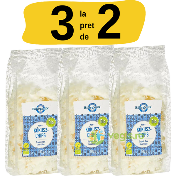 Pachet Chipsuri de Cocos Raw Ecologice/Bio 100g (3 la pret de 2), BIORGANIK, Produse din Nuca de Cocos, 1, Vegis.ro