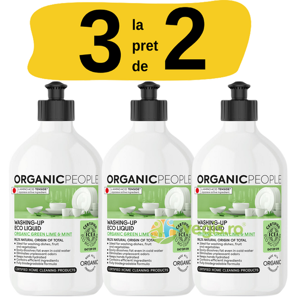 Pachet Detergent Lichid pentru Vase cu Lamaie Verde si Menta Ecologic/Bio 500ml (3 la pret de 2), ORGANIC PEOPLE, Detergent Vase, 1, Vegis.ro