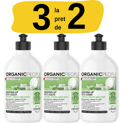 Pachet Detergent Lichid pentru Vase cu Lamaie Verde si Menta Ecologic/Bio 500ml (3 la pret de 2) ORGANIC PEOPLE