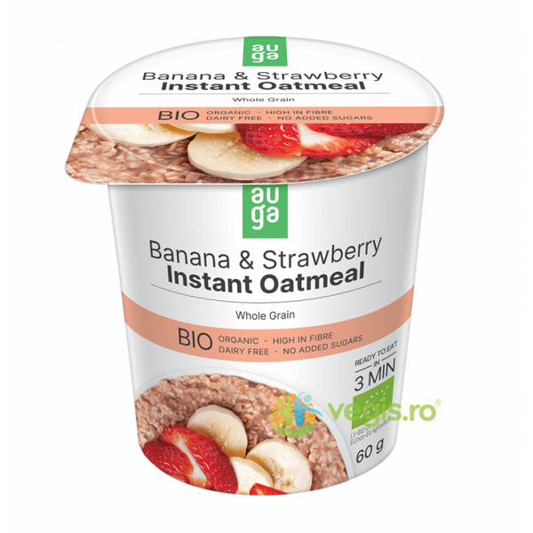 Porridge din Ovaz Integral cu Banane si Capsuni Ecologic/Bio 60g, AUGA, Fulgi, Musli, 1, Vegis.ro