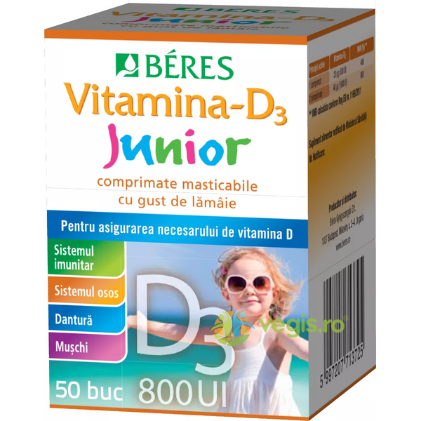 Vitamina D3 Junior 800UI 50cpr masticabile, BERES, Suplimente pentru copii, 1, Vegis.ro