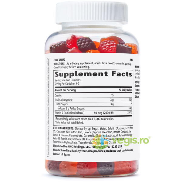 Vitamina D3 50mcg (2000 UI) Naturala din Lanolina 120 jeleuri, GNC, Vitamine, Minerale & Multivitamine, 3, Vegis.ro