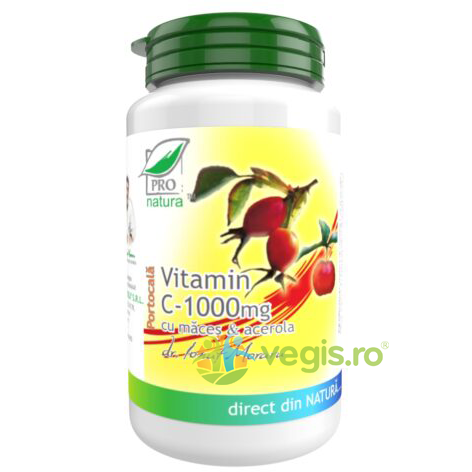 Vitamina C 1000mg cu Macese si Acerola (Aroma de Portocala) 60cpr, MEDICA, Vitamina C, 1, Vegis.ro