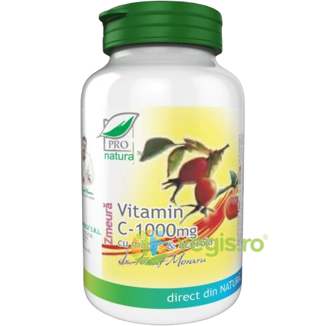 Vitamina C 1000mg cu Macese si Acerola (Aroma de Zmeura) 60cpr, MEDICA, Vitamina C, 1, Vegis.ro
