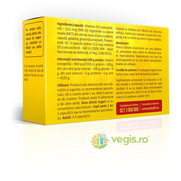 Vitamin D3 500 UI cu Ulei de Cocos pentru Copii 30cps, ZENYTH PHARMA, Vitamine, Minerale & Multivitamine, 2, Vegis.ro