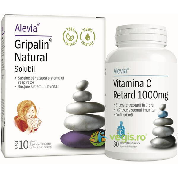 Pachet Gripalin Natural Solubil 10 plicuri + Vitamina C Retard 1000mg 30cps, ALEVIA, Pachete Suplimente, 1, Vegis.ro