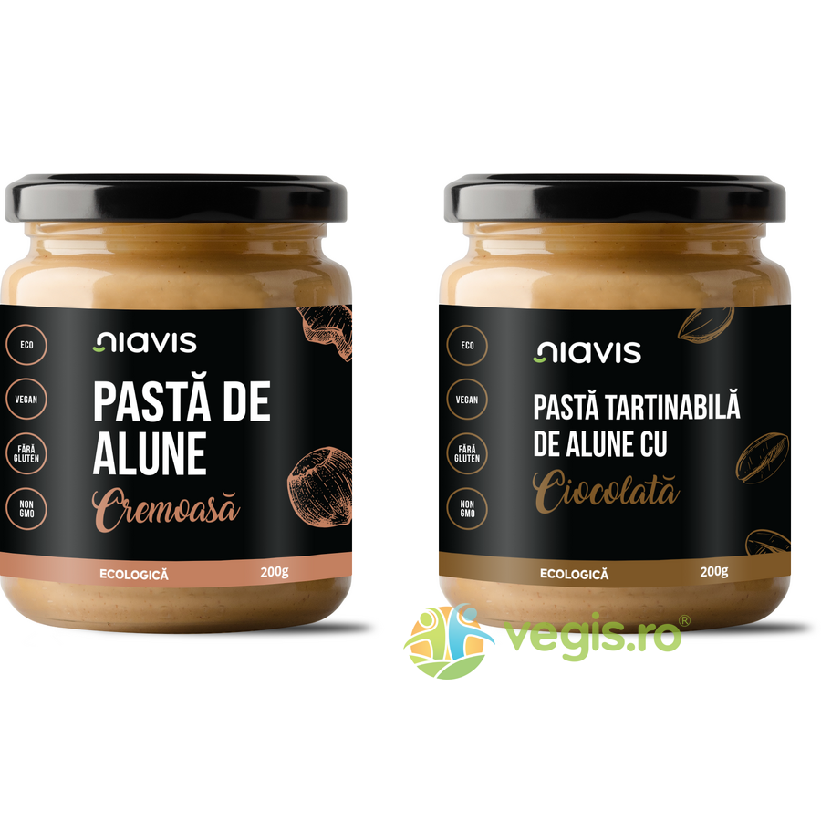 Pachet Pasta de Alune Cremoasa Ecologica/Bio 200g + Pasta Tartinabila de Alune cu Ciocolata Eologica/Bio 200g