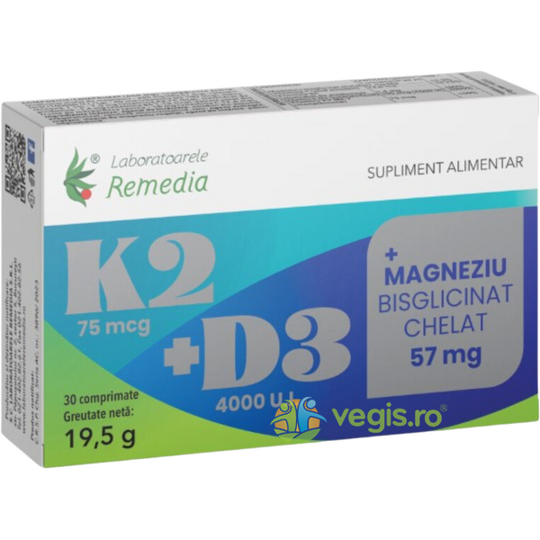 K2+D3+Magneziu Bisglicinat Chelat 30cpr, REMEDIA, Vitamine, Minerale & Multivitamine, 1, Vegis.ro
