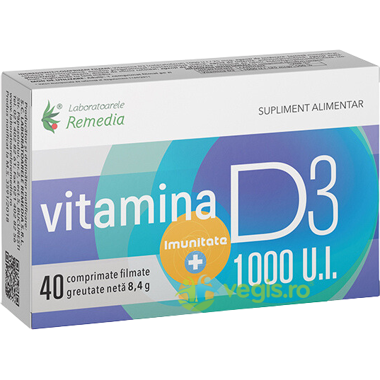Vitamina D3 1000UI 40cpr, REMEDIA, Vitamine, Minerale & Multivitamine, 1, Vegis.ro