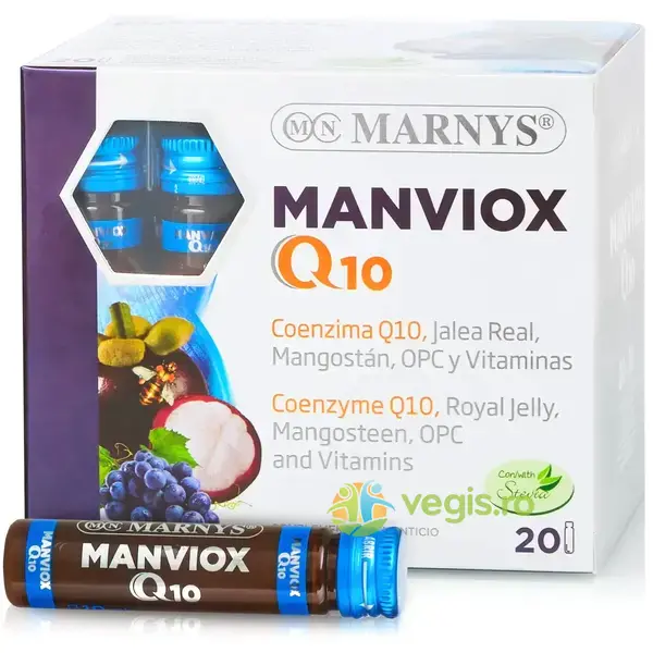 Manviox Q10 - Coenzima Q10, Mangostan, Laptisor de Matca, Seminte de Struguri si 10 Vitamine - Antioxidant, Anti-Aging, Energizant 20 Fiole, MARNYS, Fiole, 1, Vegis.ro