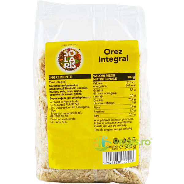 Orez Integral 500g, SOLARIS, Cereale boabe, 2, Vegis.ro