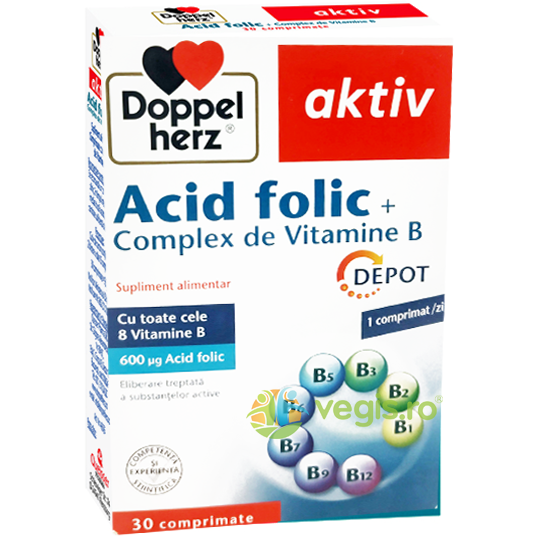 Acid Folic + Complex Vitamina B Depot Aktiv 30tb, DOPPEL HERZ, Produse pe baza de acid folic, 1, Vegis.ro