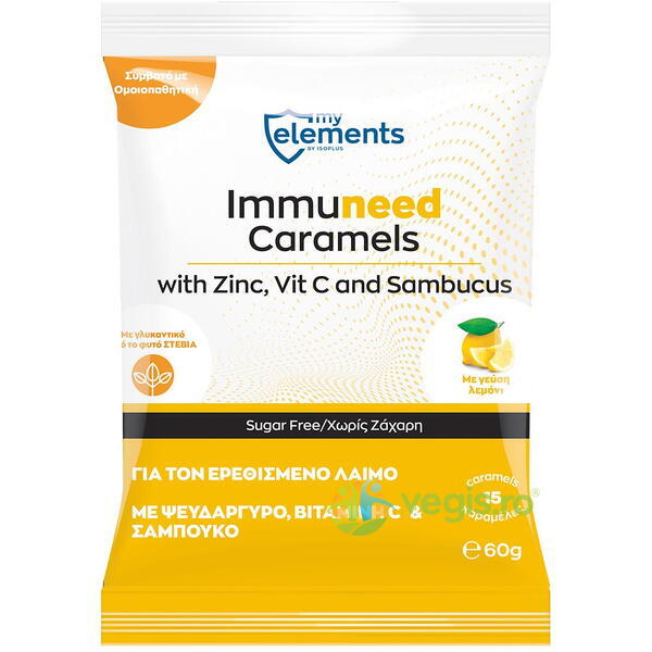 Caramele pentru Gat Iritat cu Vitamina C, Zinc si Soc  (Immuneed Caramels) 60g, MYELEMENTS, Capsule, Comprimate, 1, Vegis.ro