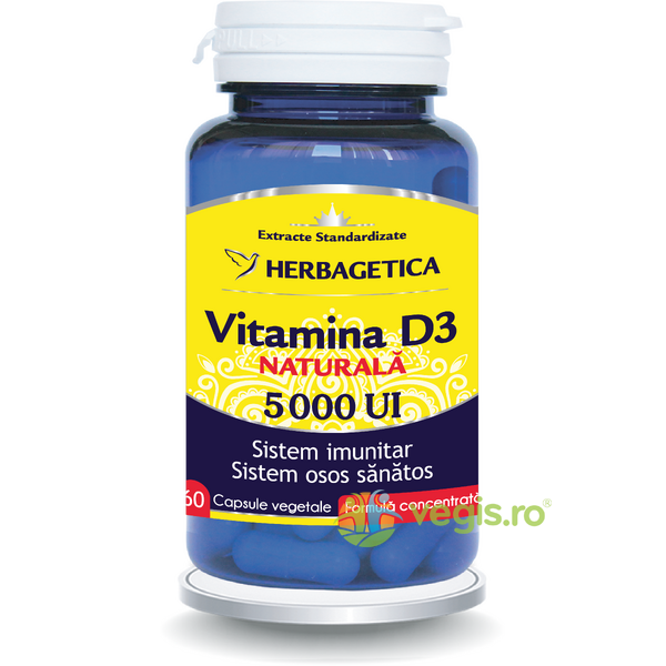 Vitamina D3 Naturala 5000 U.I 60Cps, HERBAGETICA, Vitamine, Minerale & Multivitamine, 1, Vegis.ro