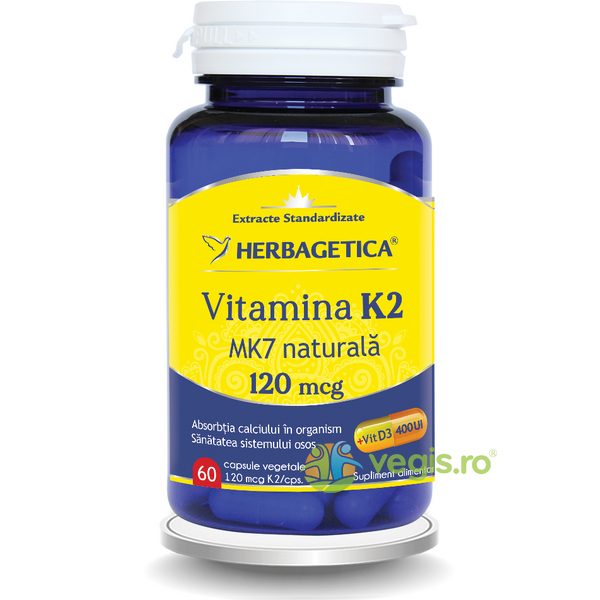 Vitamina K2 MK7 Naturala 120mcg 60Cps, HERBAGETICA, Vitamine, Minerale & Multivitamine, 1, Vegis.ro