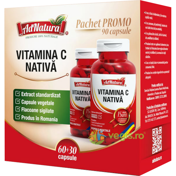 Pachet Vitamina C Nativa 60cps + 30cps, ADNATURA, Capsule, Comprimate, 1, Vegis.ro