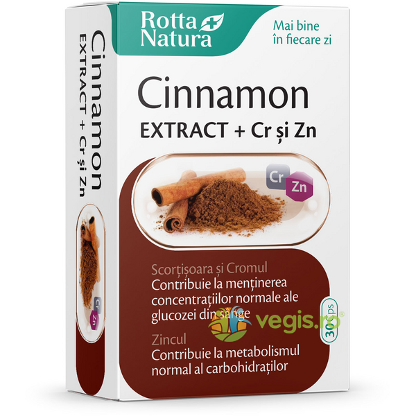 Extract de Scortisoara (Cinnamon) cu Zinc si Crom 30cps, ROTTA NATURA, Capsule, Comprimate, 1, Vegis.ro