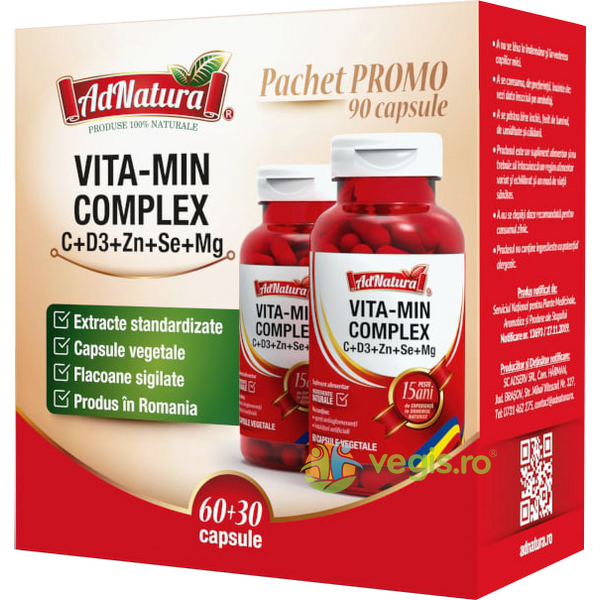 Pachet Vita-Min Complex C+D3+Zn+Se+Mg 60cps+30cps, ADNATURA, Capsule, Comprimate, 1, Vegis.ro