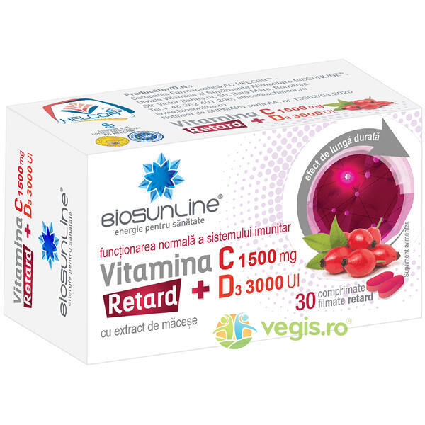 Vitamina C 1500mg Retard + D3 3000ui 30cpr, BIOSUNLINE, Vitamina C, 1, Vegis.ro