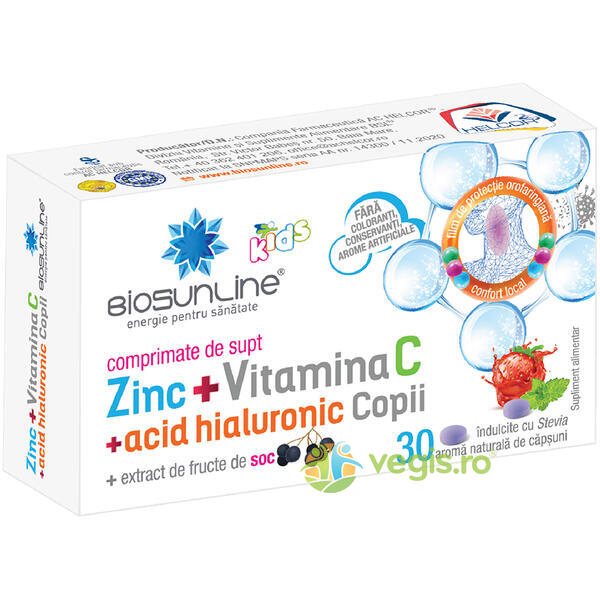 Zinc + Vitamina C si Acid Hialuronic pentru Copii 30cpr, BIOSUNLINE, Suplimente pentru copii, 1, Vegis.ro