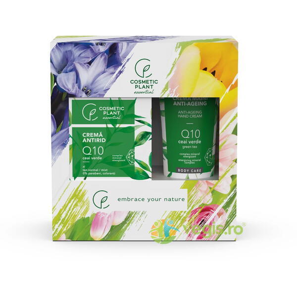Set Essential cu Extract de Ceai Verde (Crema Antirid de Zi Q10 50ml + Crema de Maini Q10 100ml), COSMETIC PLANT, Pachete Cosmetice, 3, Vegis.ro