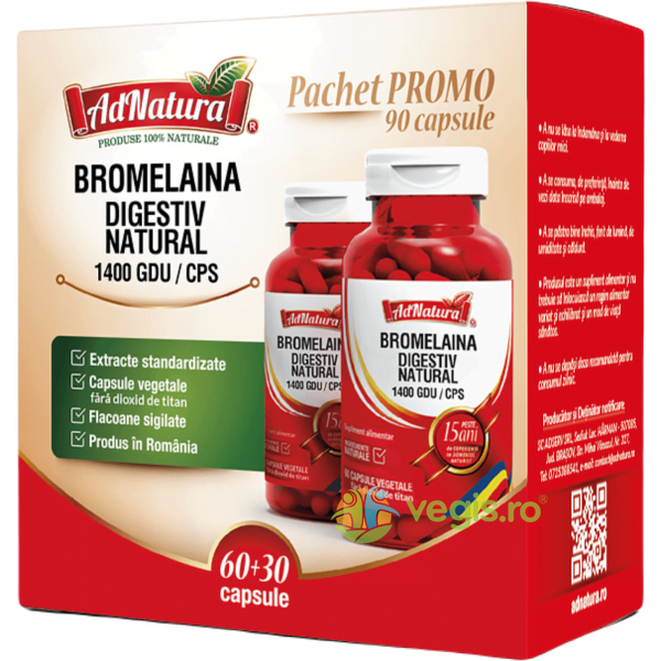 Pachet Bromelaina Digestiv Natural 1400GDU 60cps+30cps, ADNATURA, Pachete Suplimente, 1, Vegis.ro