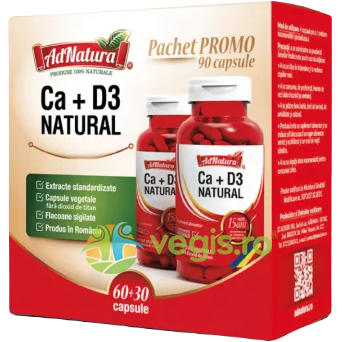 Pachet Calciu + Vitamina D3 Natural 60cps+30cps, ADNATURA, Pachete Suplimente, 1, Vegis.ro