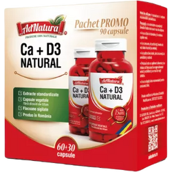 Pachet Calciu + Vitamina D3 Natural 60cps+30cps ADNATURA