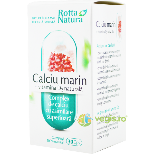 Calciu Marin + Vitamina D2 30cps, ROTTA NATURA, Capsule, Comprimate, 1, Vegis.ro