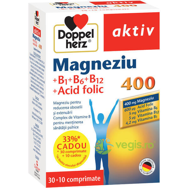 Magneziu 400 cu Vitaminele B1, B6, B12 si Acid Folic Aktiv 30tb+10tb, DOPPEL HERZ, Capsule, Comprimate, 1, Vegis.ro